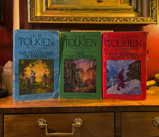 Three volume set of The Lord of the Rings by J.R.R. Tolkien - ‘Special Silver Jubilee’ Ballantine Paperback Editions